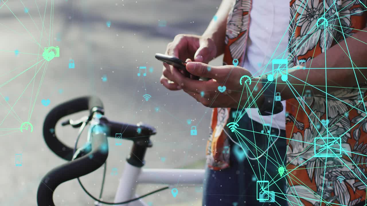 animación de iconos de los medios sobre un hombre afroamericano que usa un teléfono inteligente