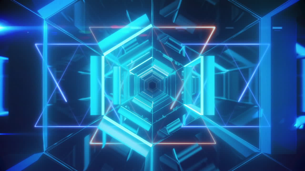 Animation of glowing neon blue and pink geometric tunnel with reflections