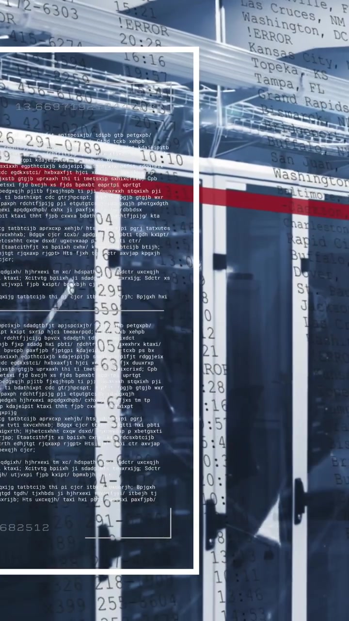 Animation of computer language, connected dots, red lines moving over data server racks