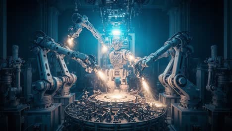 an advanced robotic assembly system with intricate machinery, featuring a humanoid robot and multiple robotic arms engaged in precise tasks under a bright blue light.