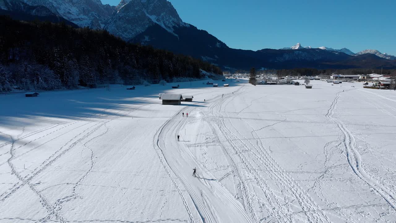 Aerial: cross-country skiing in Bavaria, close to Garmisch-Partenkirchen by the Zugspitze