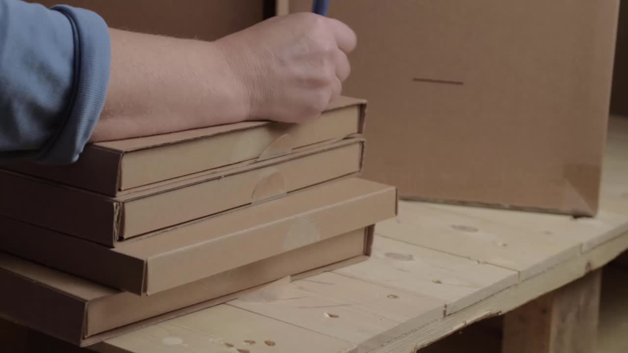 Worker checking delivery cardboard boxes on a wooden pallet
