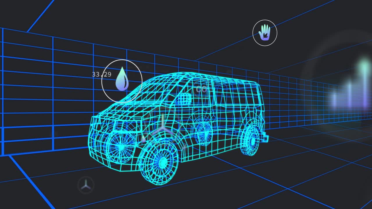 Frame five starting HUD, cyan van pulsing hotspot, icons drifting, telemetry updating for analysis