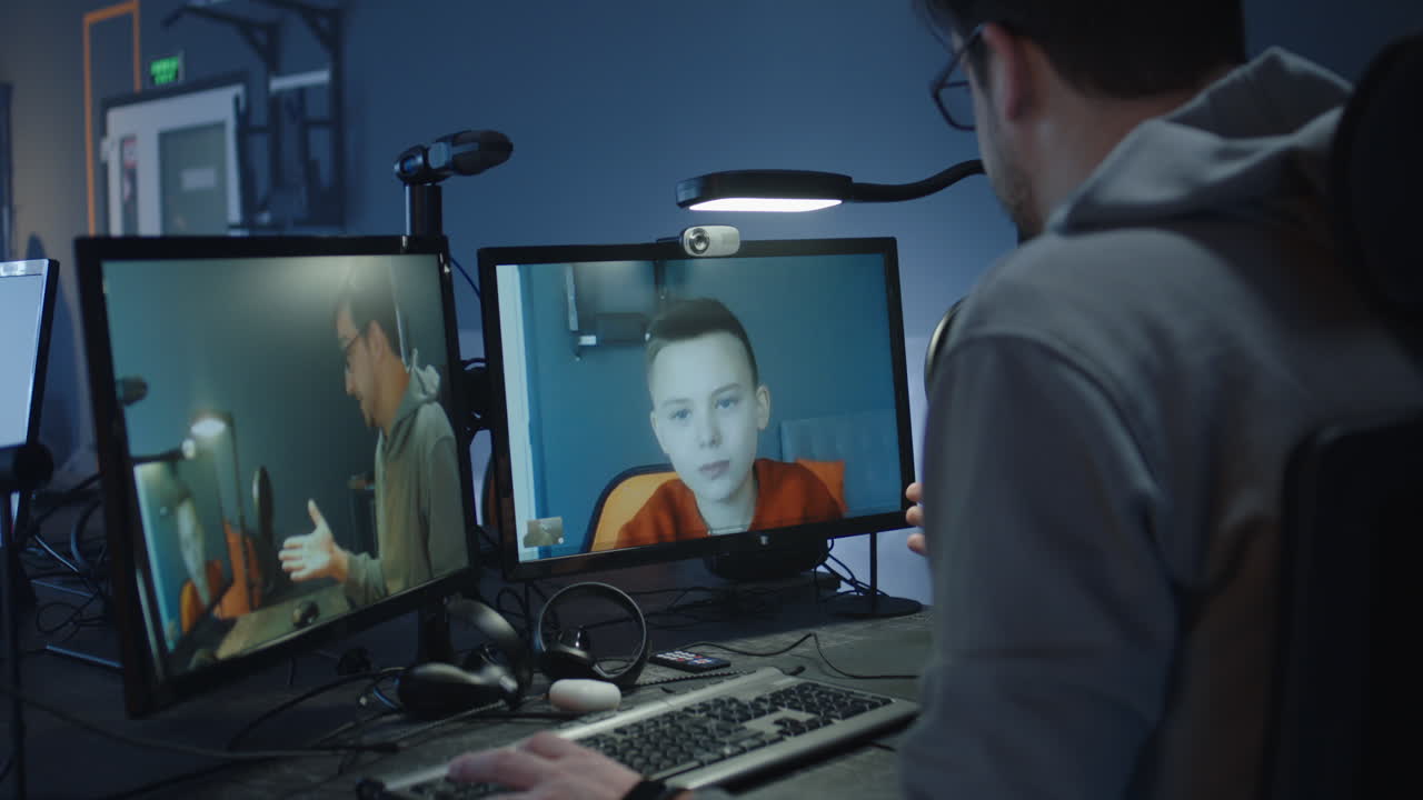 Video Conference with a Boy on Multiple Monitors