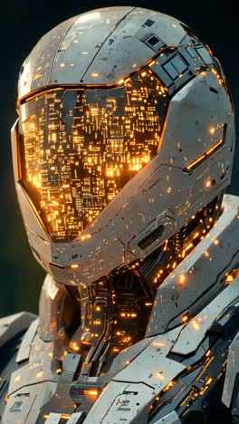 detailed view of a futuristic robotic helmet glowing in nature