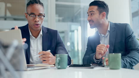 laptop, meeting and planning with business men