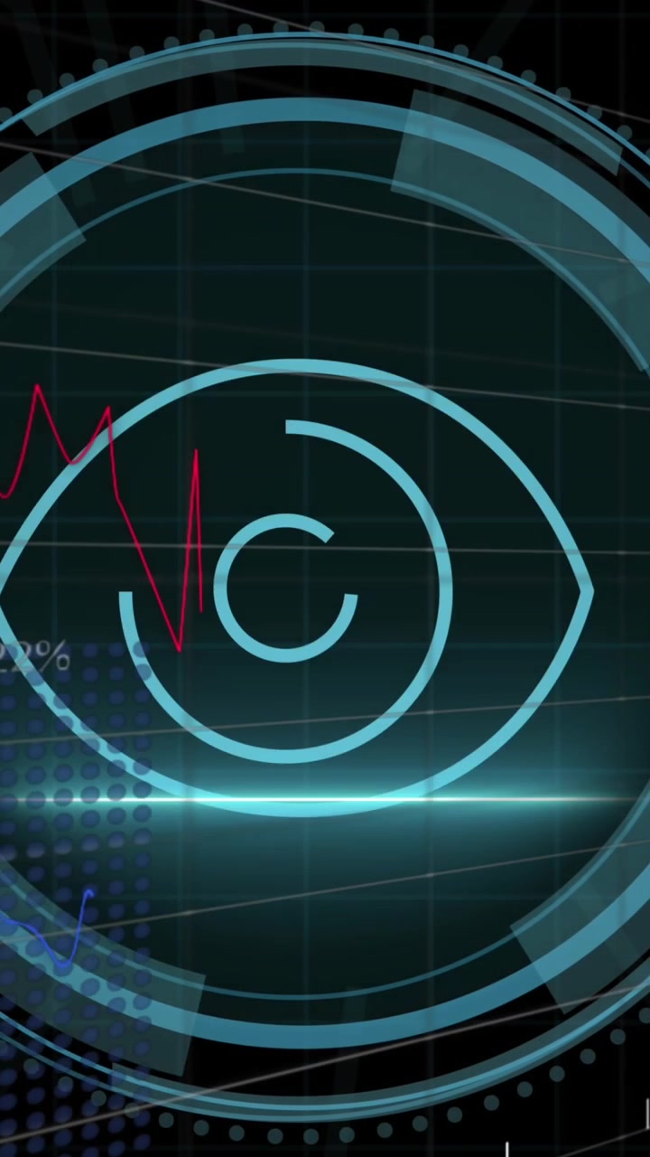 Animazione di icona digitale di occhio ed elaborazione dati su sfondo nero