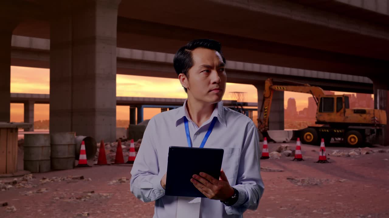 Asian Male Professional Worker Standing With His Tablet At The Site of Highway Construction, He Observes By Looking Around Before He Come To Concentrating With His Tablet