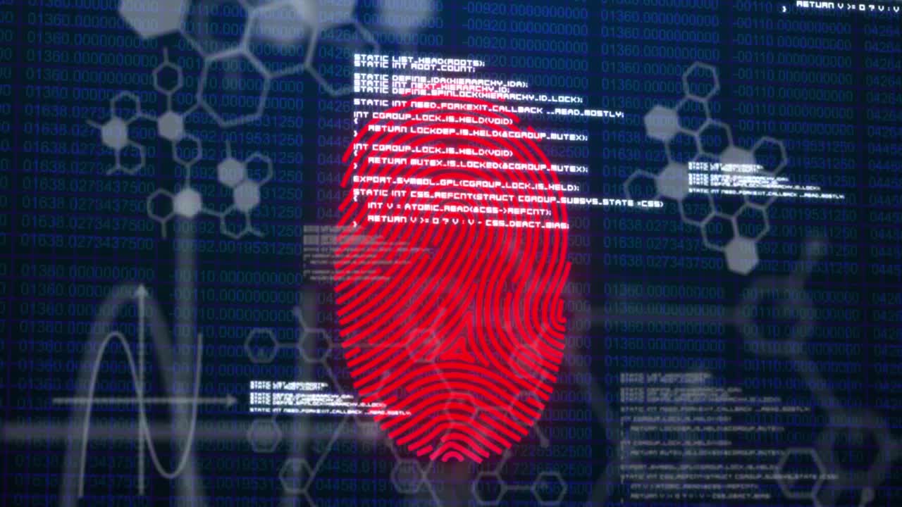 Animation of scanning fingerprint, with information and research data processing on black