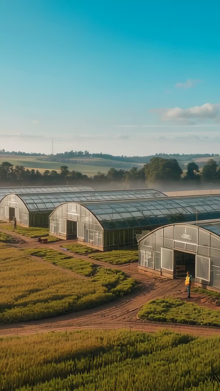 Vertical video: Drone panning farm hoophouses showing worker in vest opening door, copy space