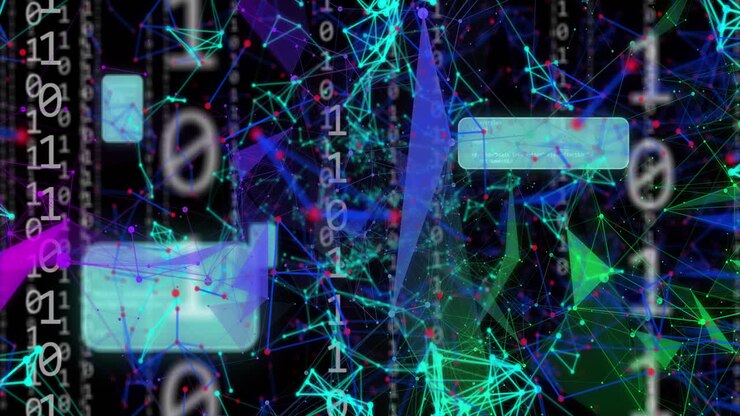 Animation of digital icons, binary coding and data processing