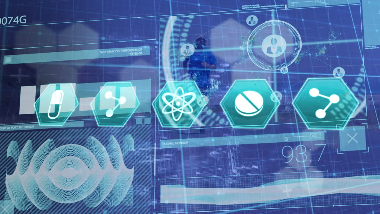 의료 아이콘의 애니메이션과 데이터 처리 백인 남자가 달리고 있습니다.