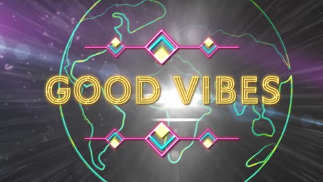 animation of good vibes text in yellow letters with flickering neon decoration over globe
