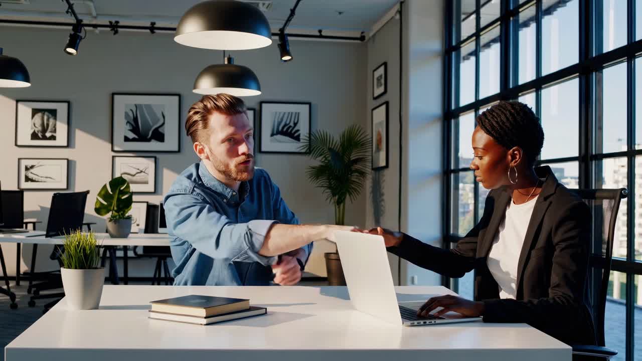 Moderne kontorvideo med side-engel af to professionelle, der diskuterer arbejde ved et skrivebord