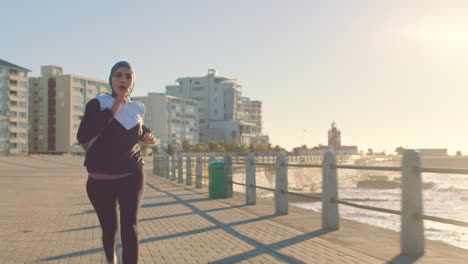 fitness, muslim woman and running for exercise