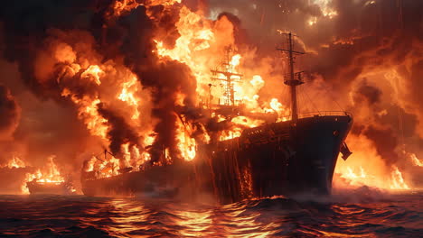 a ship is on fire in the ocean. the fire is so intense that it is creating a lot of smoke and flames. the scene is very dramatic and intense, with the ship being the main focus of the image