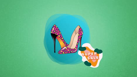 animación del texto de super venta y tacones altos sobre fondo verde