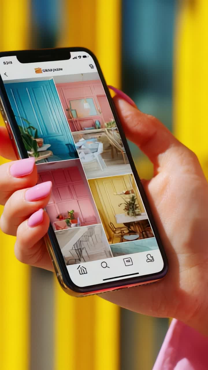 A hand holding a smartphone displays vibrant interior design images against a striking yellow background, showcasing various colorful living spaces that inspire creativity and modern aesthetics