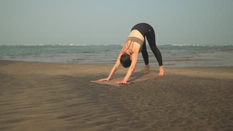 Chica-Haciendo-Pose-De-Yoga-Para-Perros-Mirando-Hacia-Abajo-Con-Una-Cámara-Cinematográfica-Paneando-Alrededor