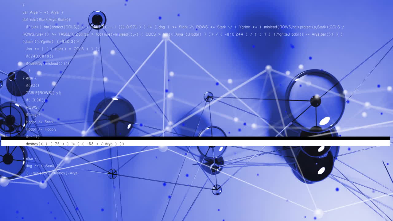 Animation of interconnected spheres and lines with overlaid code snippets