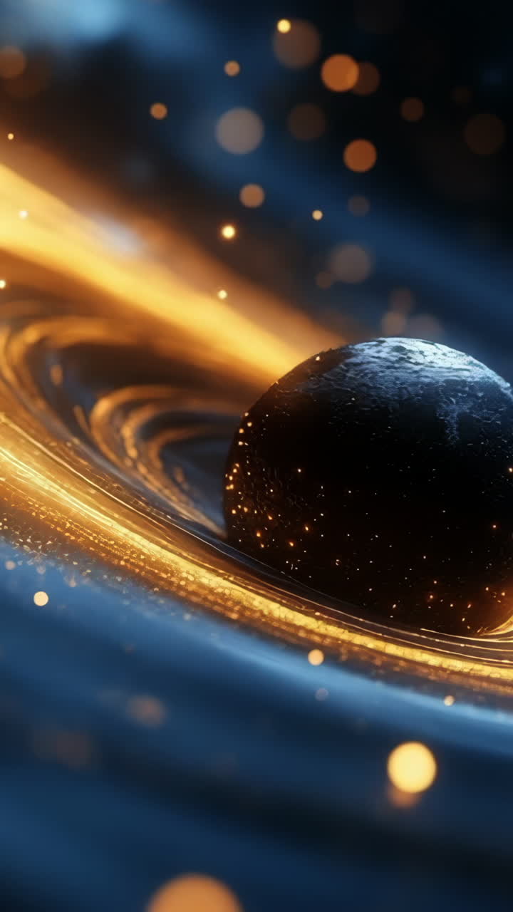 Cosmic whirlpool surrounds a dark sphere. A swirling cosmic vortex of energy and light envelops a dark spherical object in deep space.
