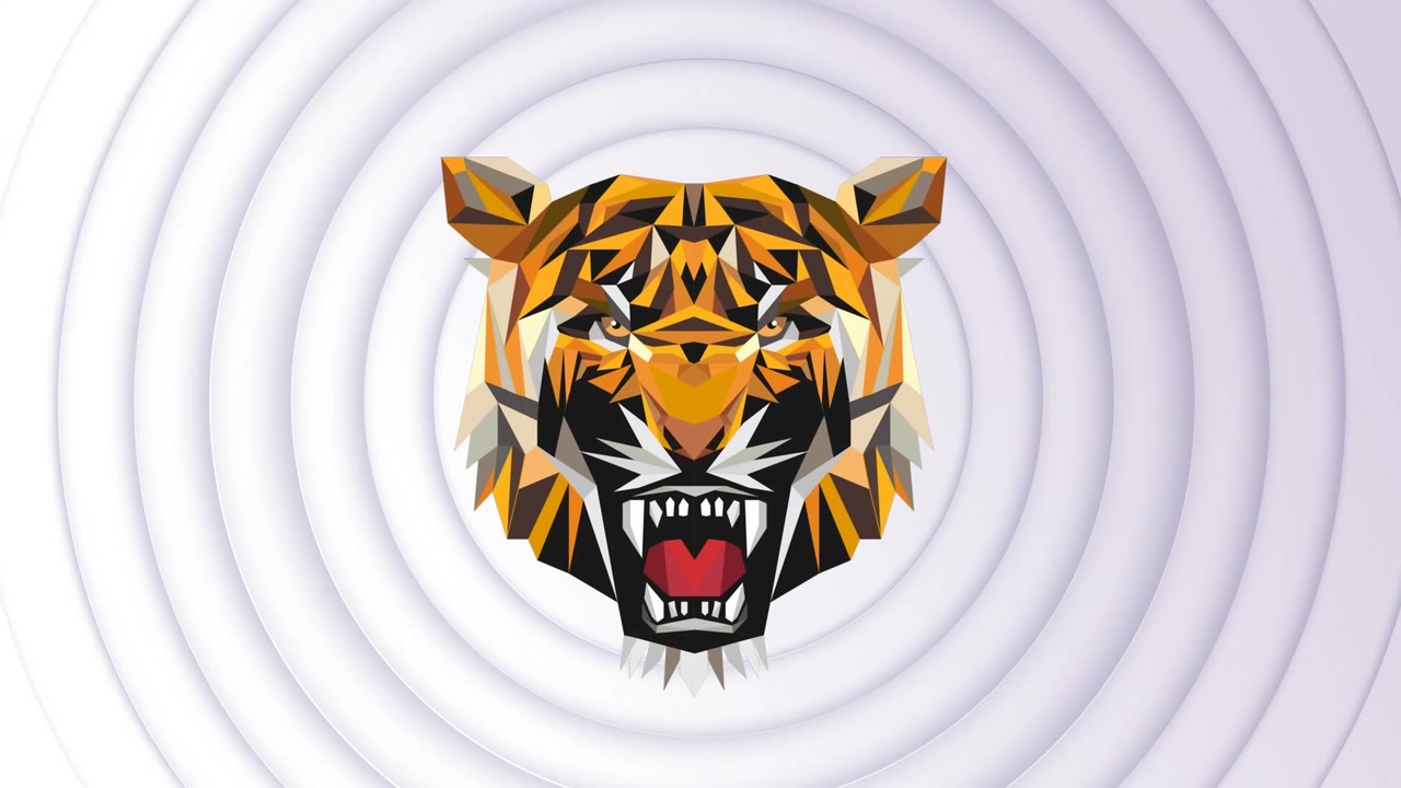 Animation eines Tigerkopf-Symbols über Kreisen auf weißem Hintergrund