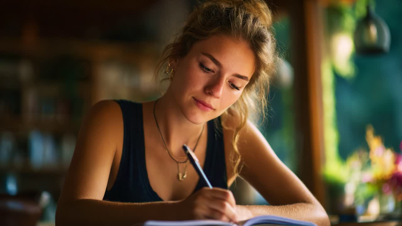 A focused young woman immersed in writing, capturing her thoughts in a notebook while surrounded by a serene and beautifully lit environment