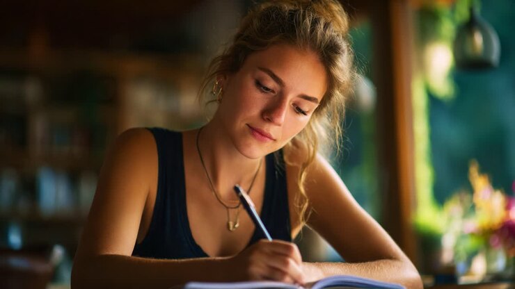 A focused young woman immersed in writing, capturing her thoughts in a notebook while surrounded by a serene and beautifully lit environment