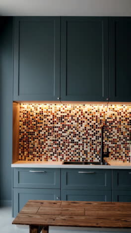 modern kitchen with dark blue cabinets and colorful mosaic backsplash