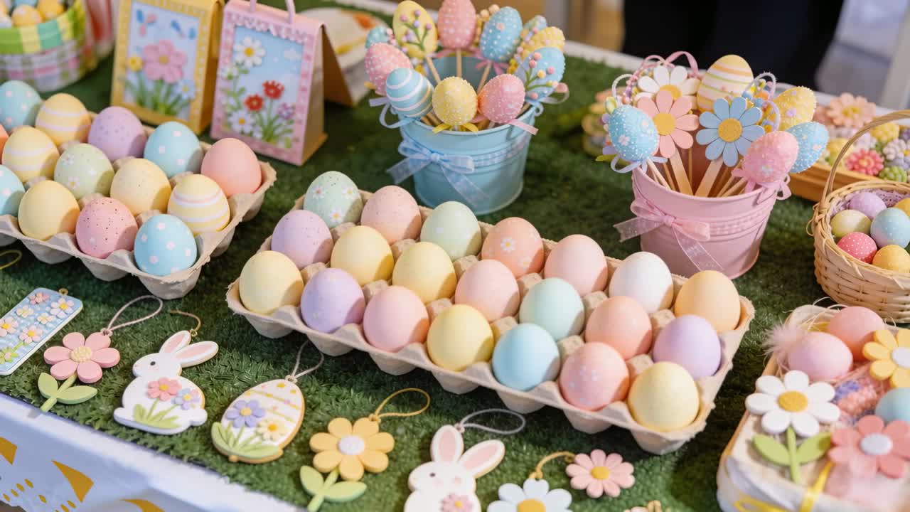 Panning camera capturing central egg tray at market stall showcasing pastel display