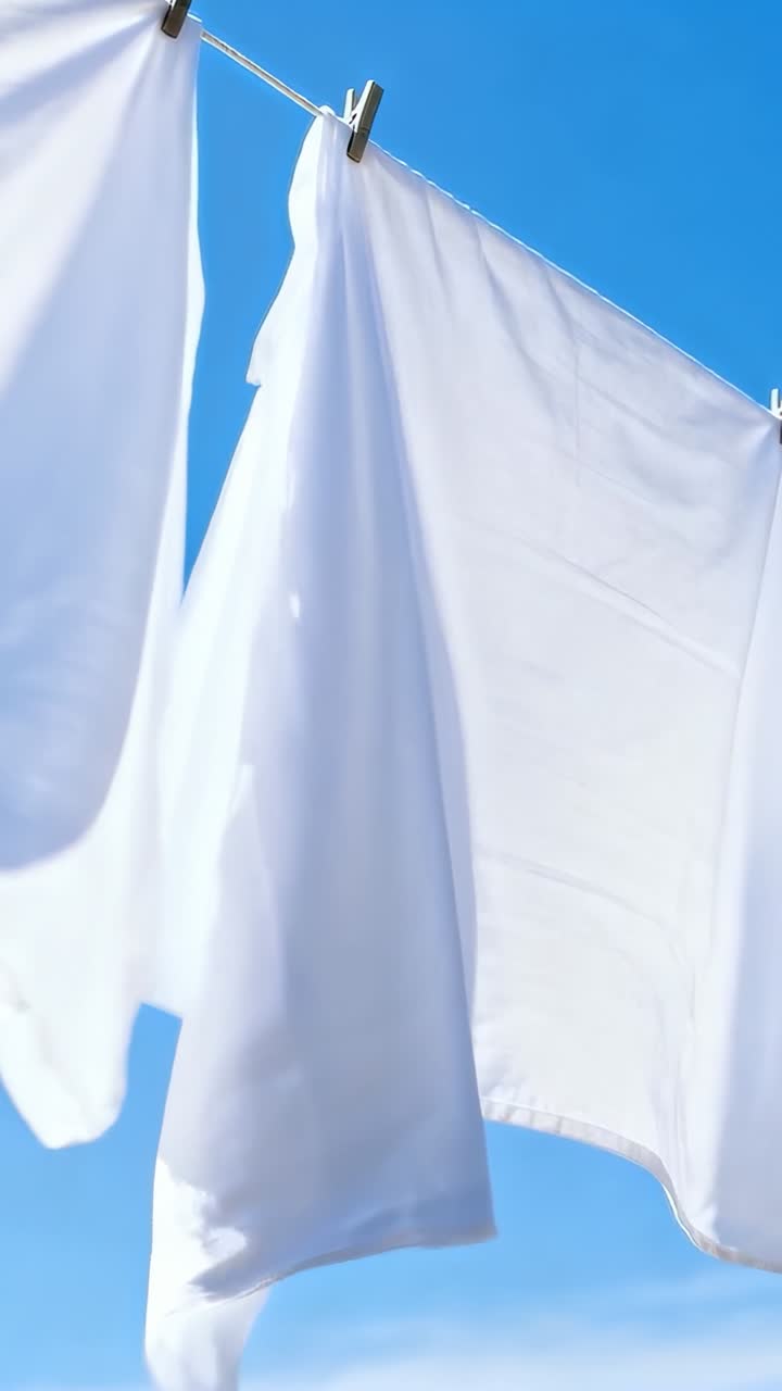 Vertical video: Drying two white sheets on line at home, clothespins holding, breeze pushing