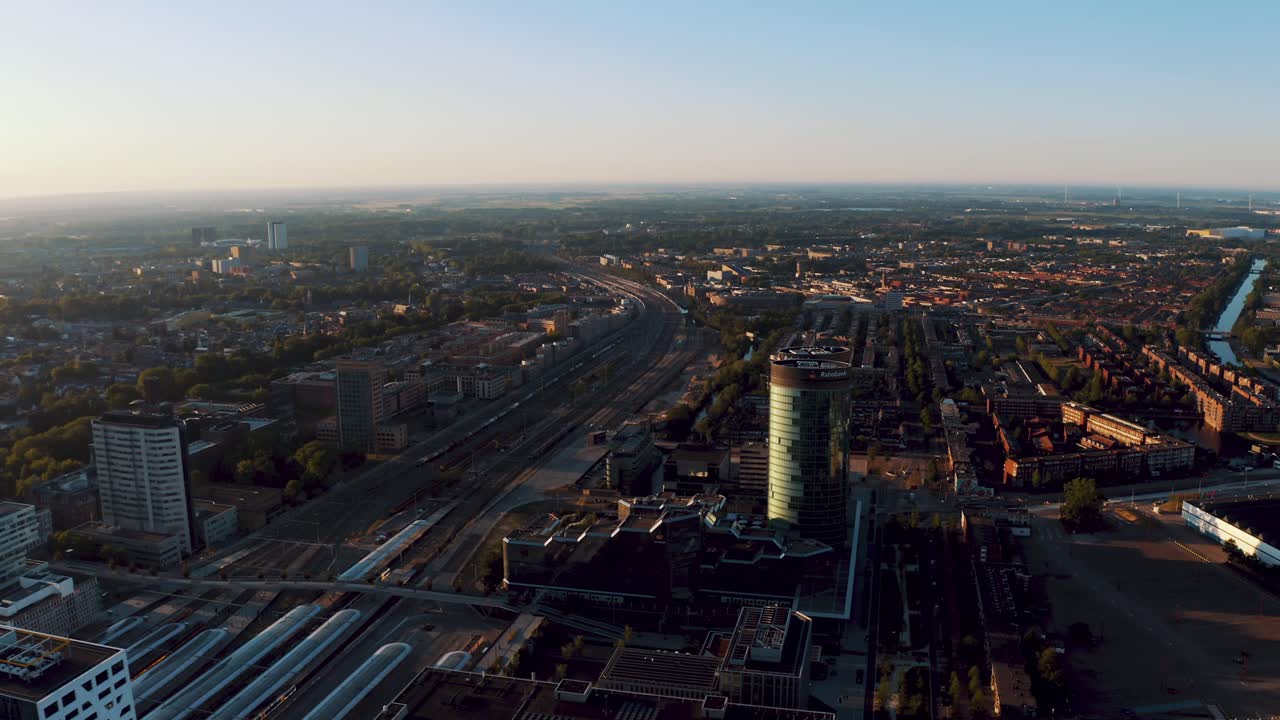 Drone over Utrecht central train station empty because of Corona lockdown measures (normally busiest train station of NL), netherlands,