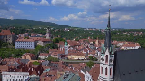 church spire fantastic aerial top view flight czech republic historical cesky krumlov vltava river in summer time 2023, world heritage in bohemia