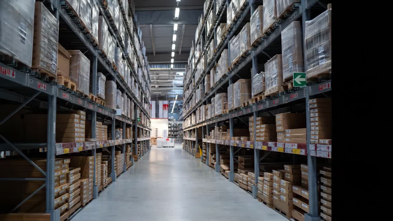 Corridoio del magazzino con scaffali e scatole