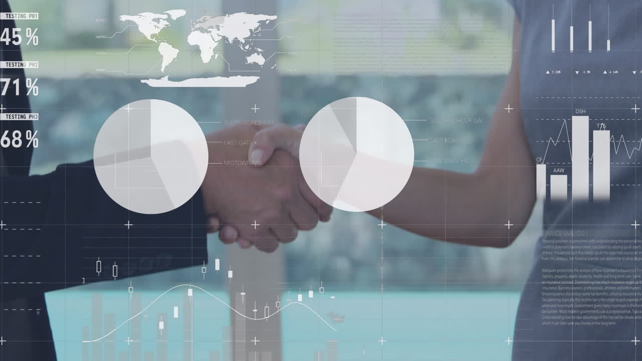 Statistical data processing against mid section of businessman and businesswoman shaking hands