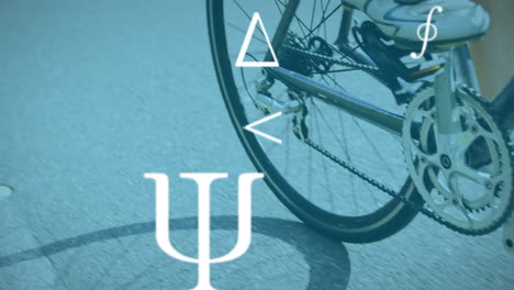 símbolos matemáticos contra la mujer en bicicleta en la carretera
