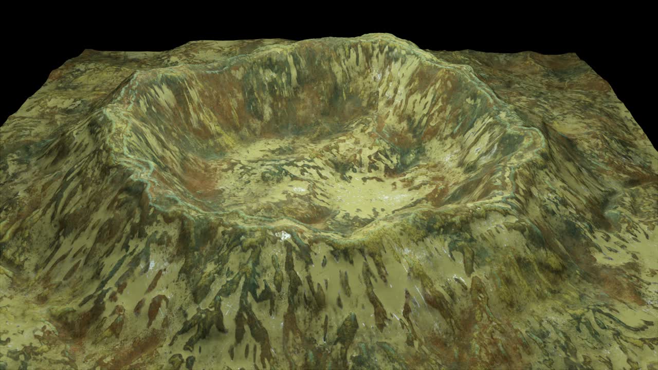 눈과 초록색 표면으로 현대적인 3d 렌더링 크레이터, 이 땅 조각, 컴퓨터 생성 배경