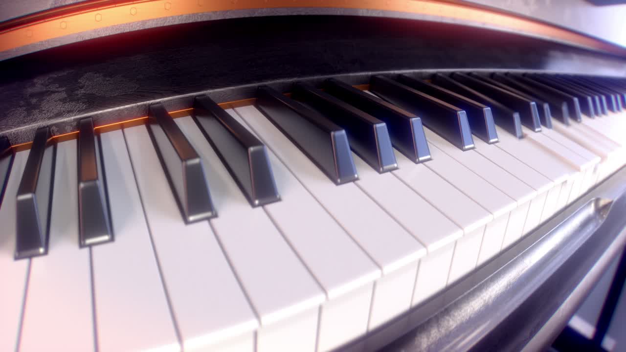 Primo piano di tasti di pianoforte che suonano. Video in loop. Rendering 3D.