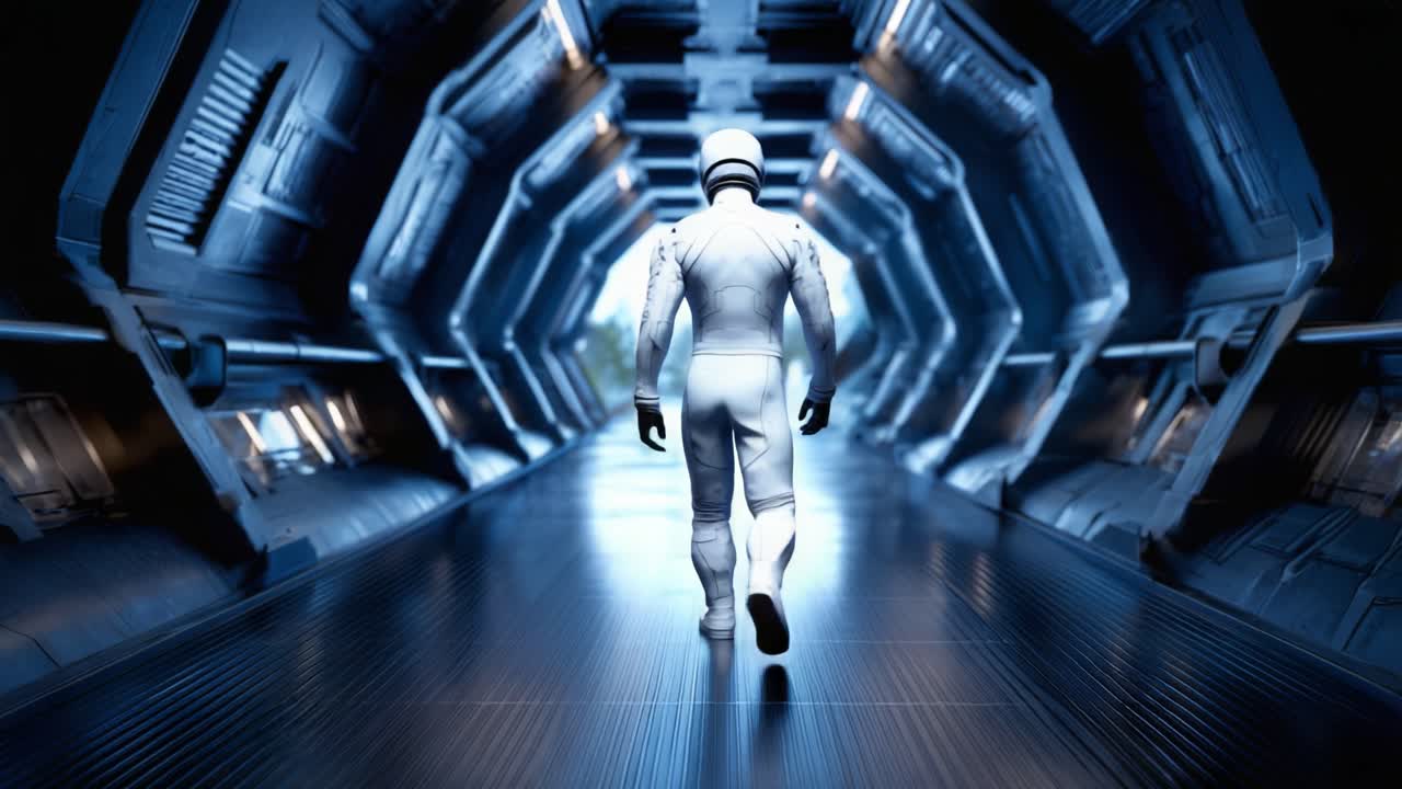 Um astronauta em um corredor elegante e futurista, caminhando sozinho em direção ao desconhecido, cercado por tecnologia e iluminado por uma iluminação ambiente azul.