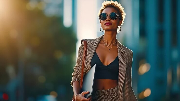 A woman in a black top and skirt is walking down the street