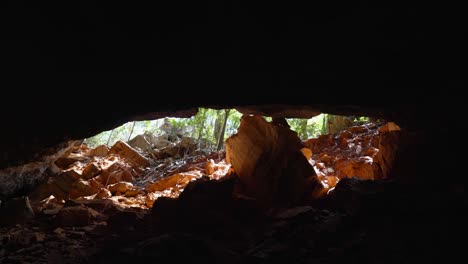 tiro inclinado que revela una hermosa entrada de cueva dorada dentro de una jungla en la cueva lapa doce en el parque nacional chapada diamantina en bahia, noreste de brasil