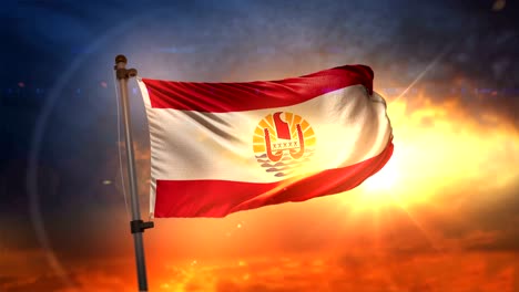 french polynesia flag backlit at beautiful sunrise loop slow motion 4k
