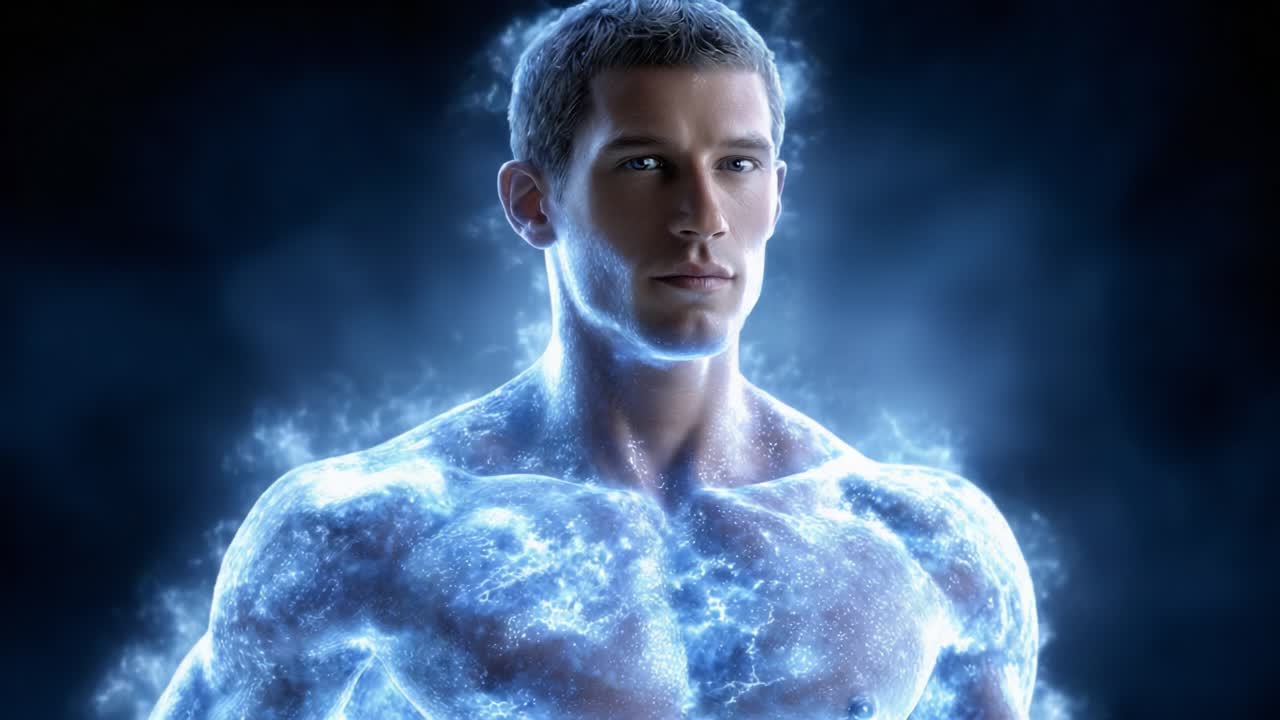 A Dynamic Portrait of a Muscular Male Figure Surrounded by Ethereal Blue Energy, Illustrating the Fusion of Human Form with Mystical Elements and Vibrant Energy