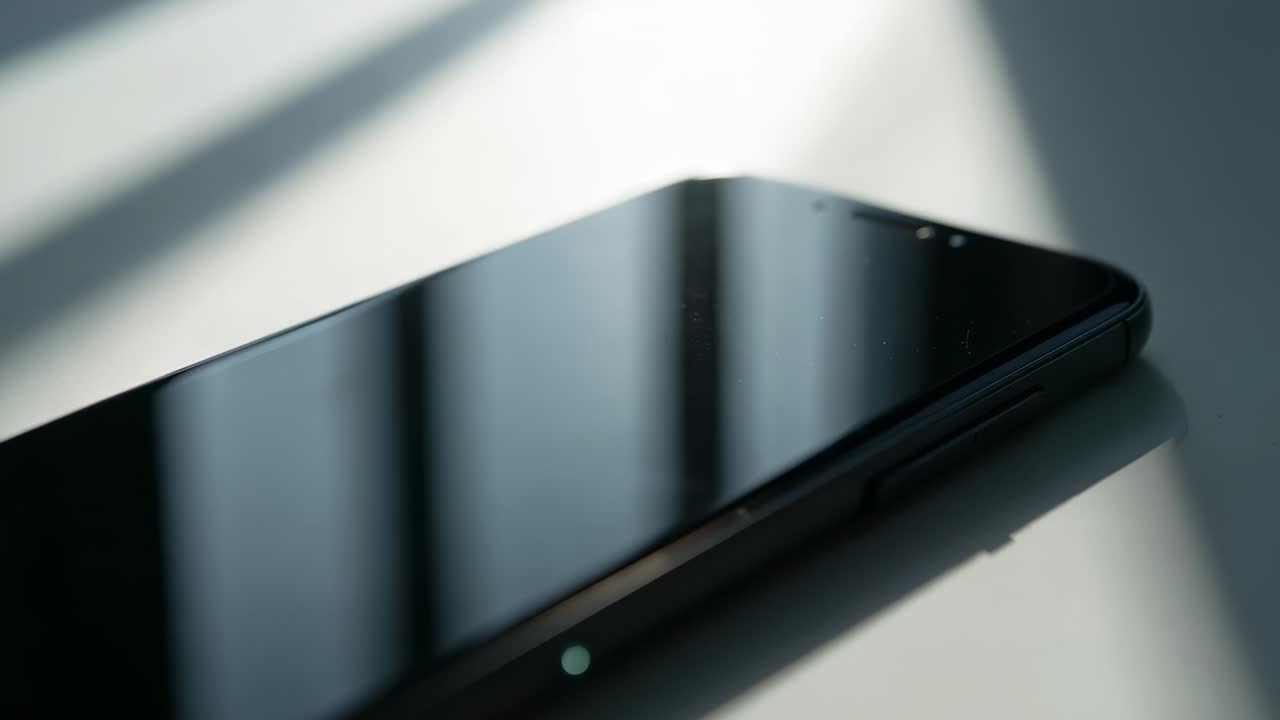 Smartphone appoggiato sul tavolo, luce solare che filtra attraverso le persiane, riflessi in movimento e un bagliore verde