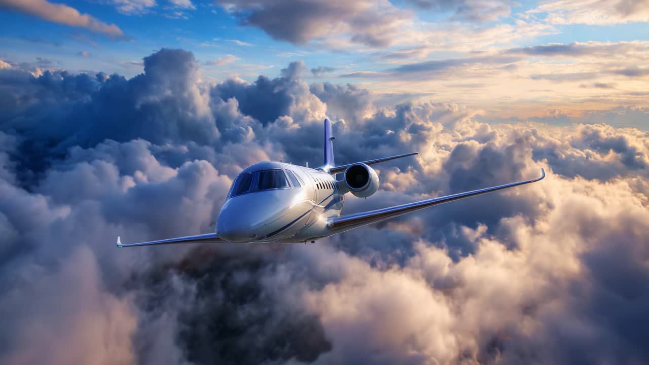 Una vista mozzafiato di un elegante aereo che si libra con grazia in un cielo vivace, pieno di nuvole soffici, che cattura la bellezza dei viaggi aerei e dell'esplorazione