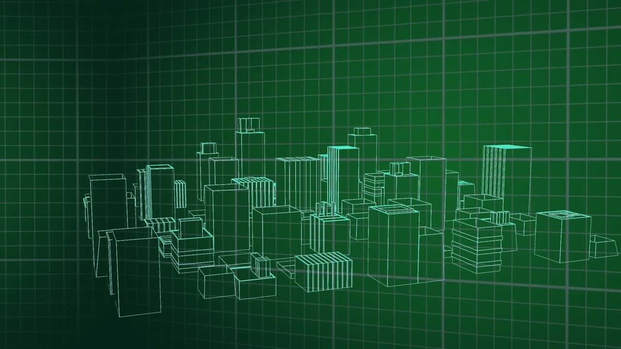 Animation of 3d architecture city drawing spinning over grid