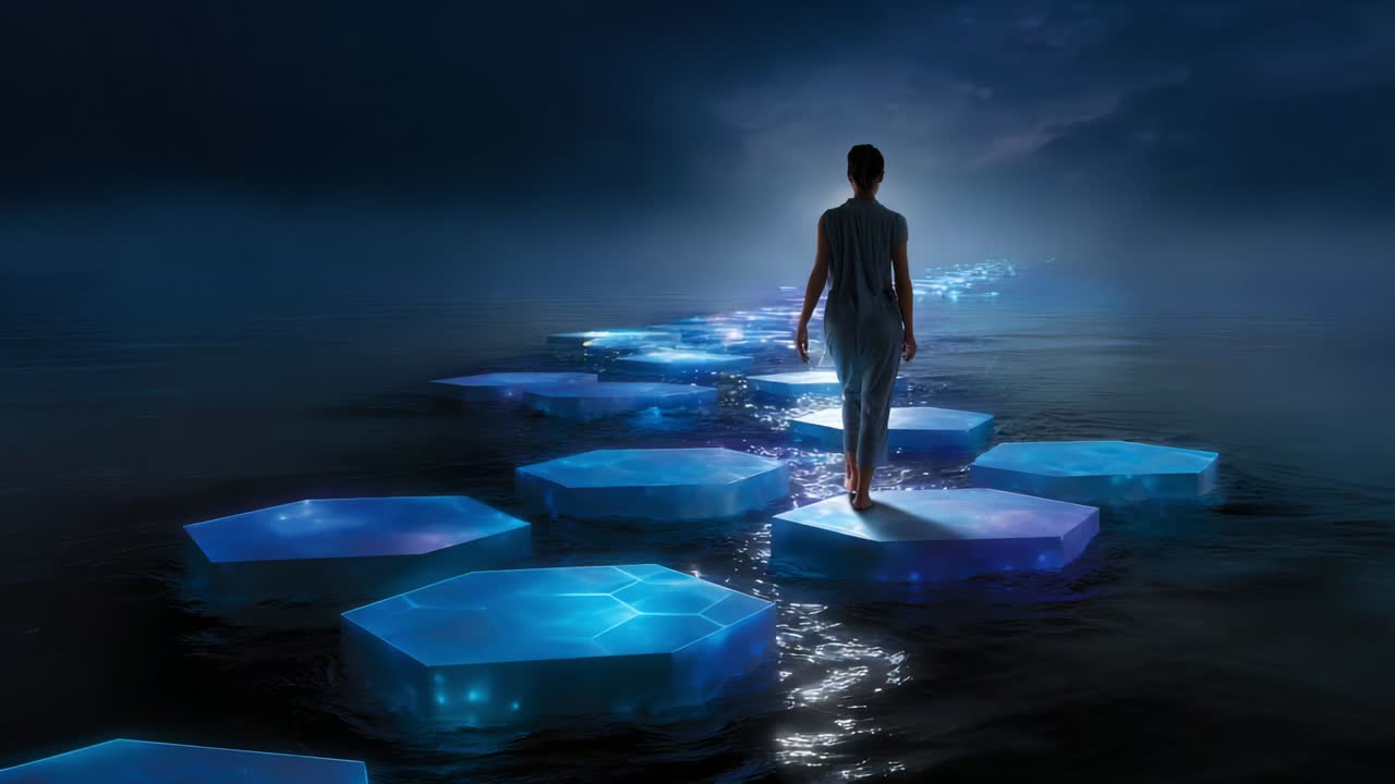A Solitary Figure Navigates a Mystical Path of Illuminated Hexagons Over Still Waters Under a Moonlit Sky, Symbolizing the Journey of Self-Discovery and Transformation in a Dreamlike Landscape