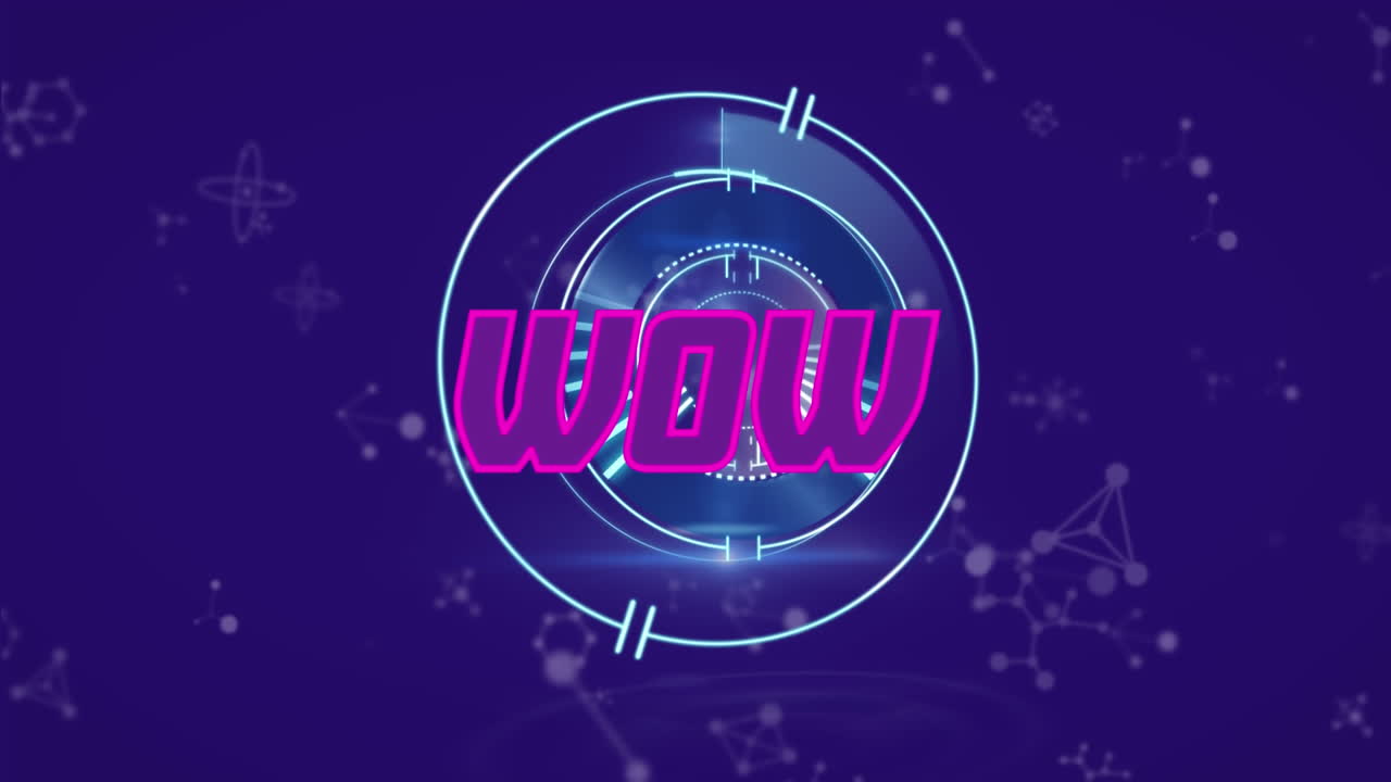 animación de banner de texto wow sobre escáner redondo y estructuras moleculares en fondo azul