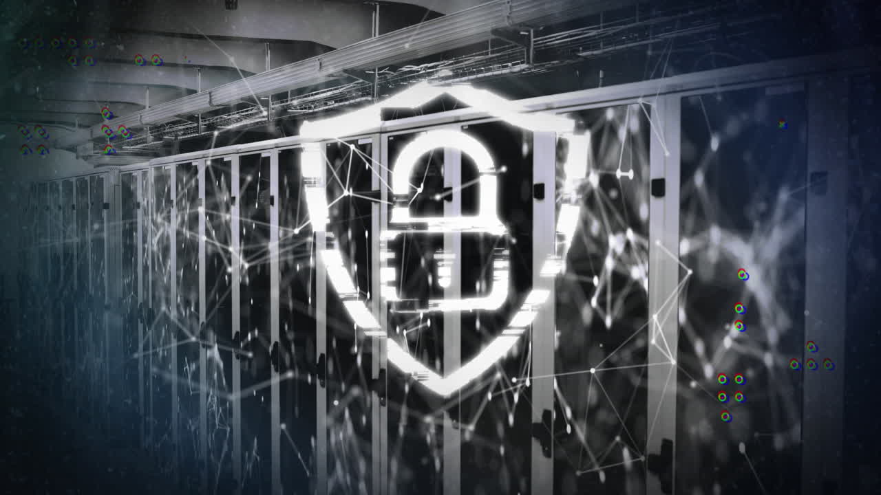 анимация замка в щите над соединенными точками, образующими геометрические формы на стойках серверов данных
