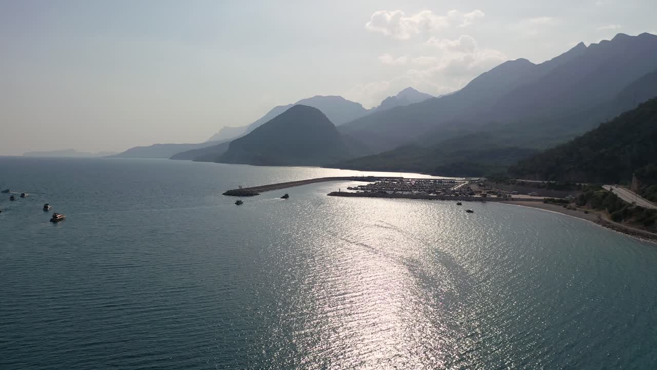 Aerial View of Harbor For Tour and Fishing Boats on Turkish Coastline of Mediterranean Sea